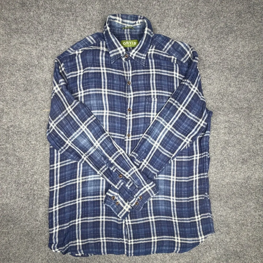 Orvis Mens Blue White Plaid Cotton Button Down Shirt Large 4K7P 0553